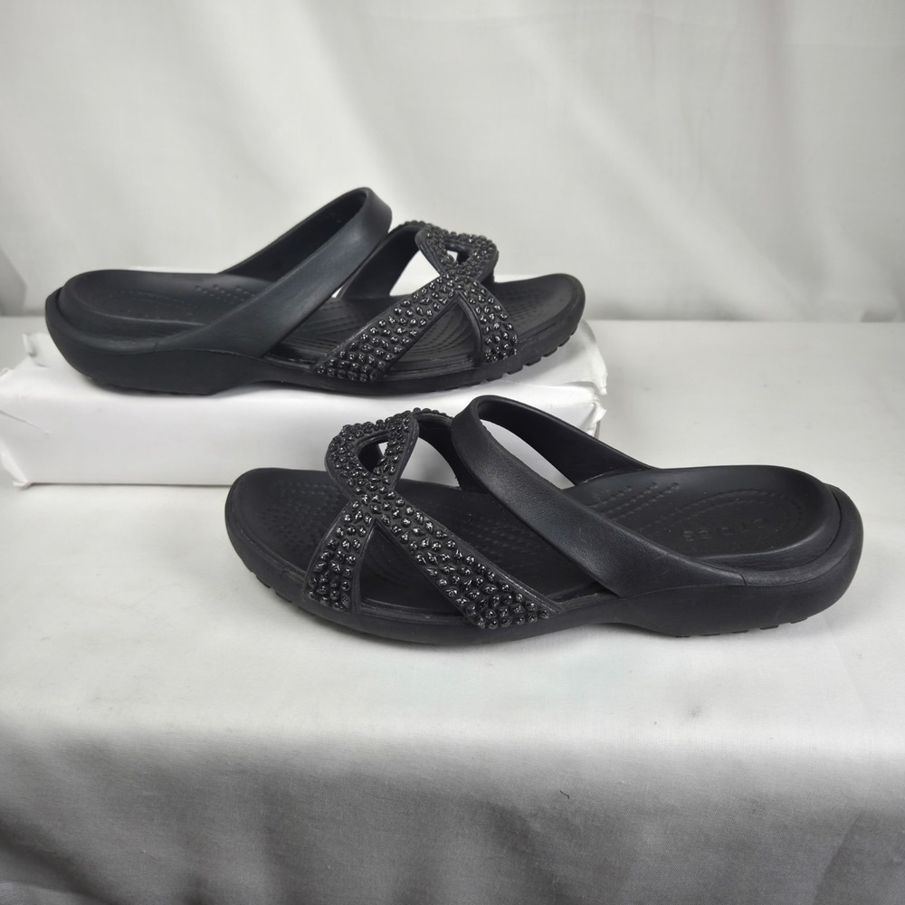 Crocs Meleen Twist Diamante Slide Black Sandals Womens US 7 Fancy Sparkle